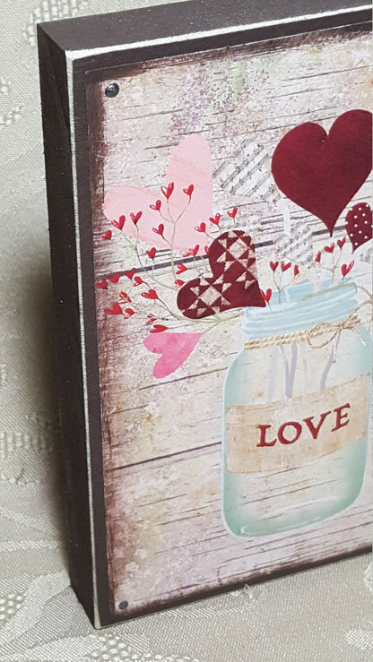 Valentine Mason Jar Small Wood Block Sign