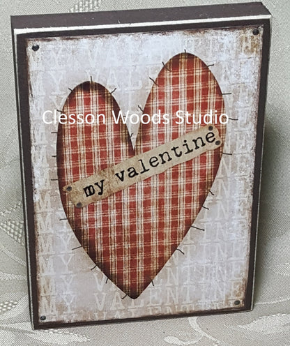 My Valentine Plaid Heart Small Wood Block Sign