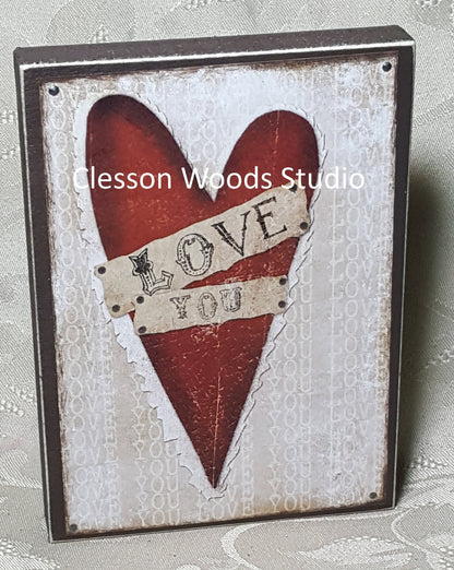 Love You Heart Wood Block Sign