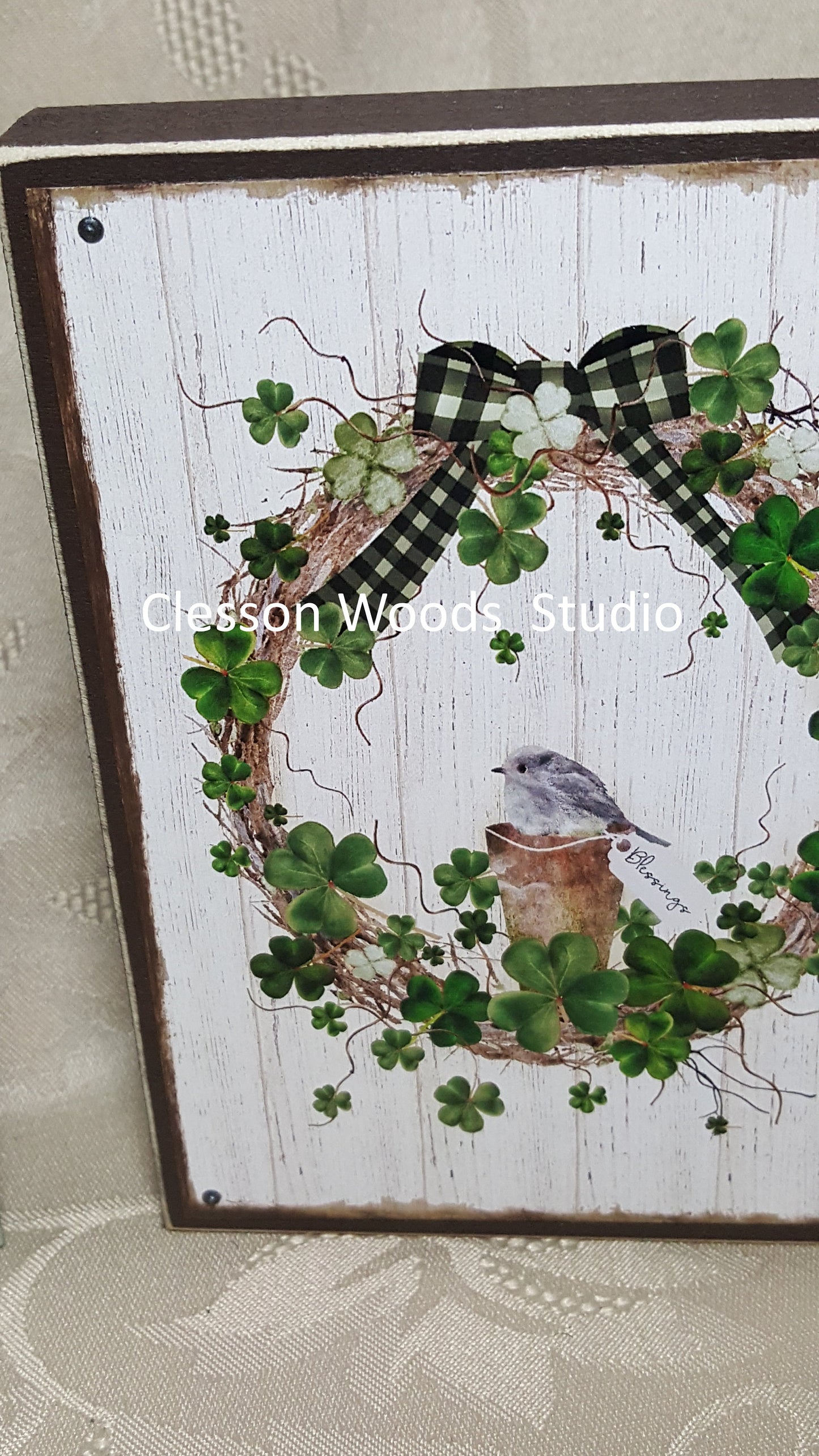 St Patrick's Day Wreath Small Wood Block Sign