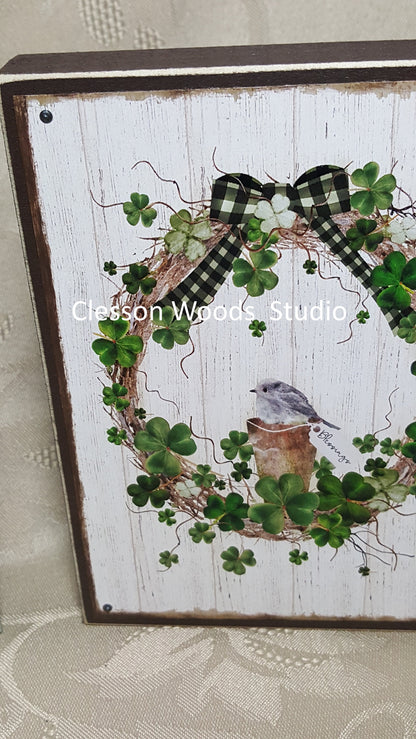 St Patrick's Day Wreath Small Wood Block Sign