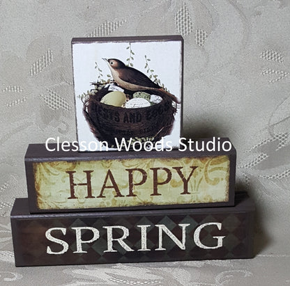 Happy Spring Bird in Nest Block Stack (Brown)