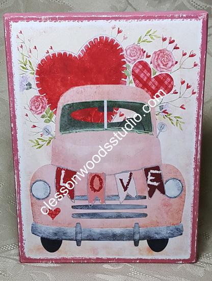Valentine Vintage Pickup Truck Large Wood Block