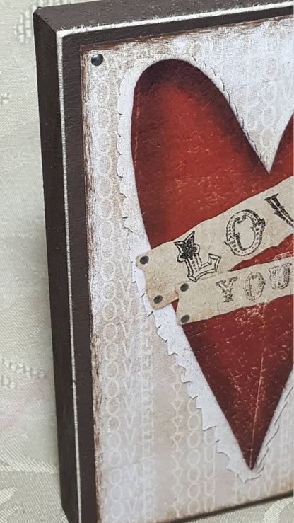 Love You Heart Wood Block Sign