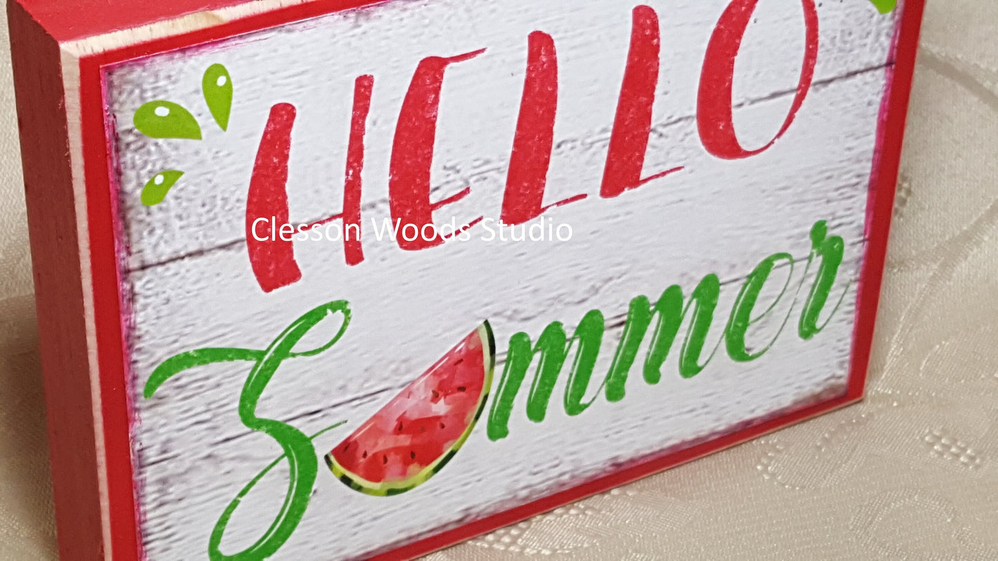 Hello Summer Watermelon Wood Sign