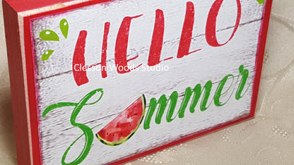 Hello Summer Watermelon Wood Sign