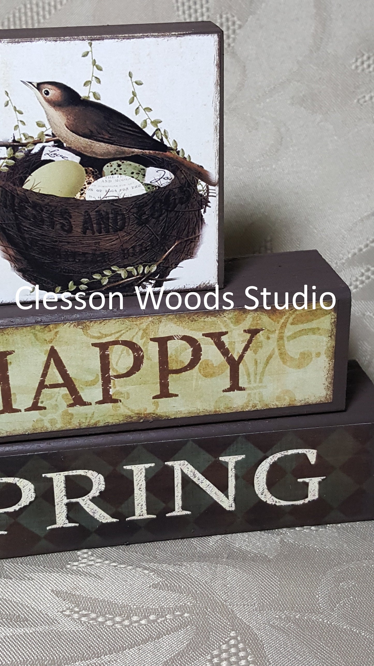 Happy Spring Bird in Nest Block Stack (Brown)