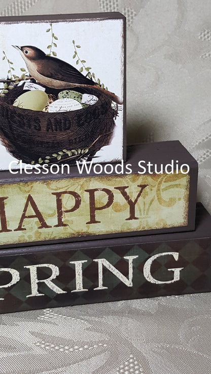 Happy Spring Bird in Nest Block Stack (Brown)