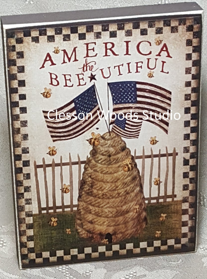 America Beehive and Flags Small Wood Block Sign (Brown)