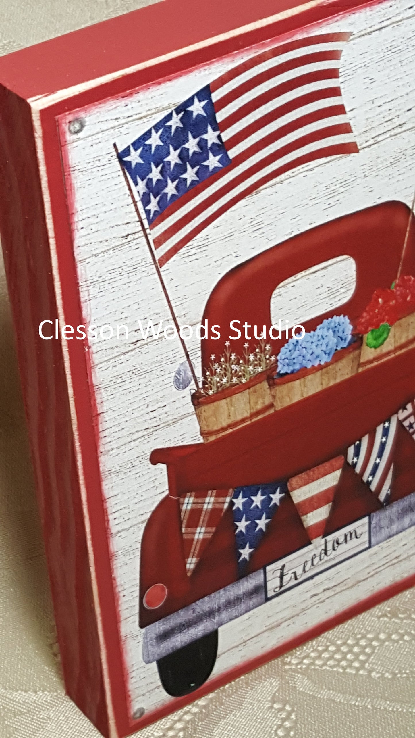 Patriotic Red Truck Small Wood Block Sign (Red)