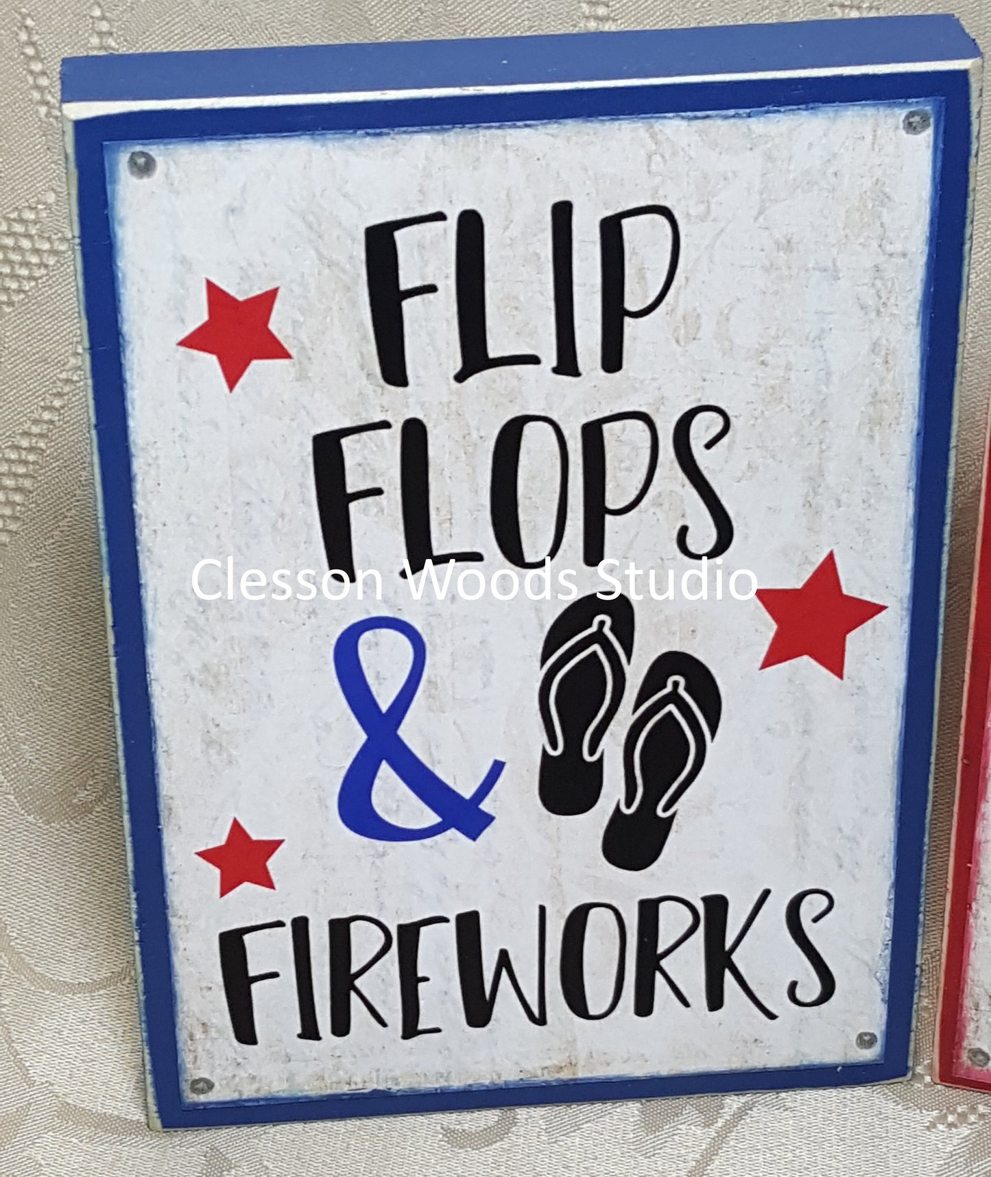 Flip Flops and Fireworks Patriotic small wood block sign