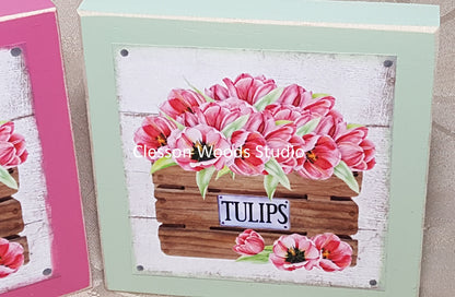 Tulips In Wood Crate (Pink or Lt Green) Wood Block