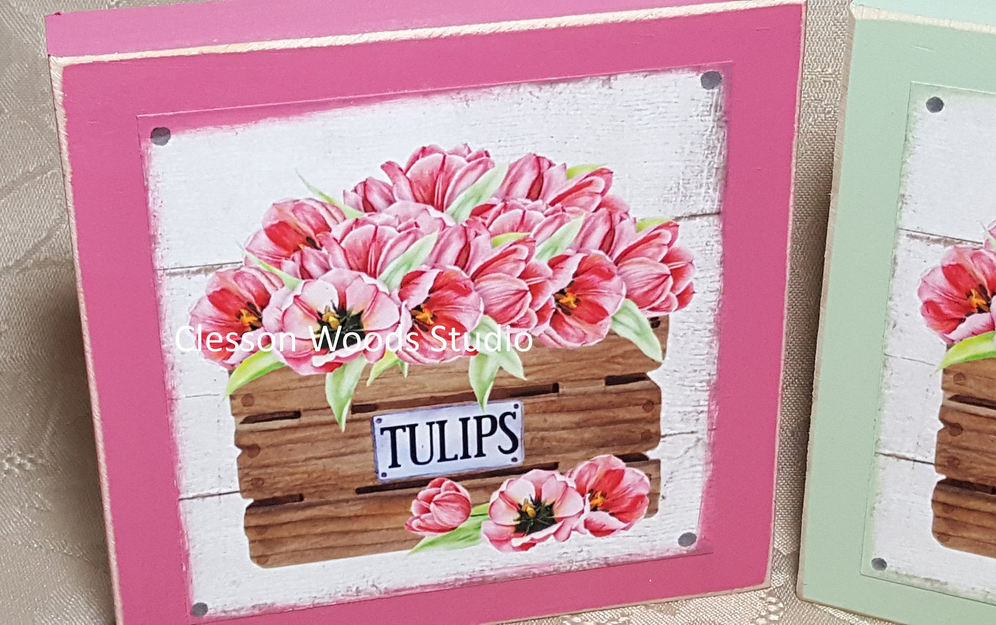 Tulips In Wood Crate (Pink or Lt Green) Wood Block