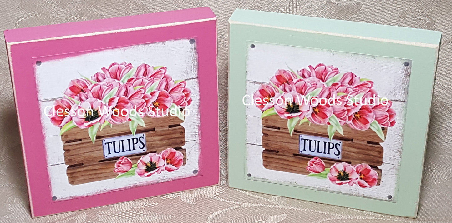 Tulips In Wood Crate (Pink or Lt Green) Wood Block