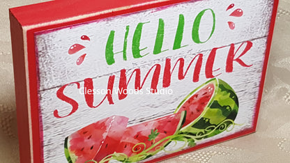 Hello Summer Watermelon Red Wood Sign