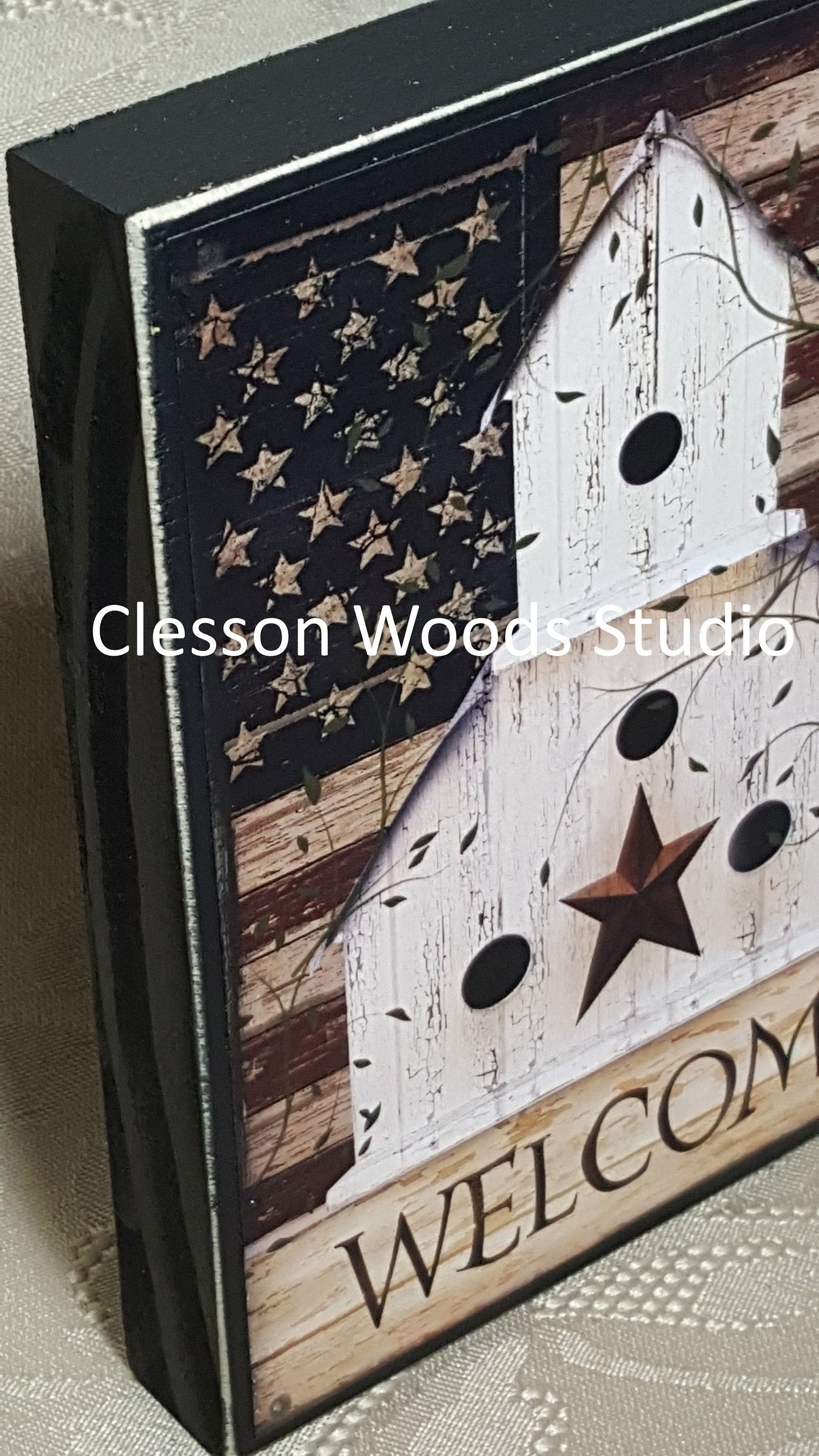 Welcome Birdhouse Americana Wood Block Sign