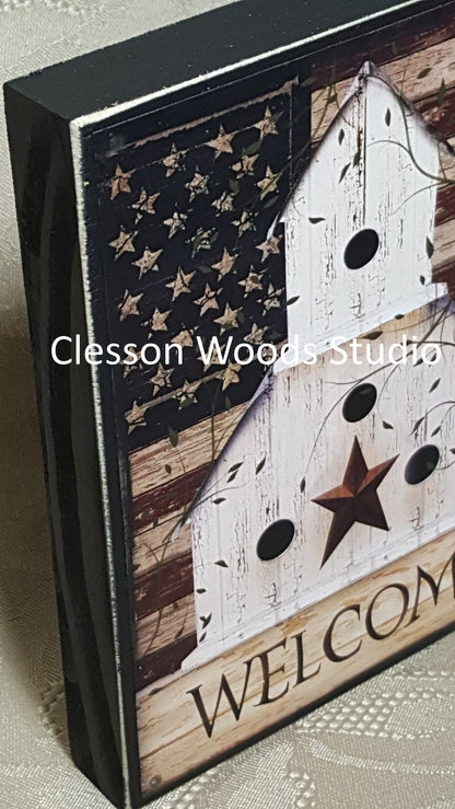 Welcome Birdhouse Americana Wood Block Sign