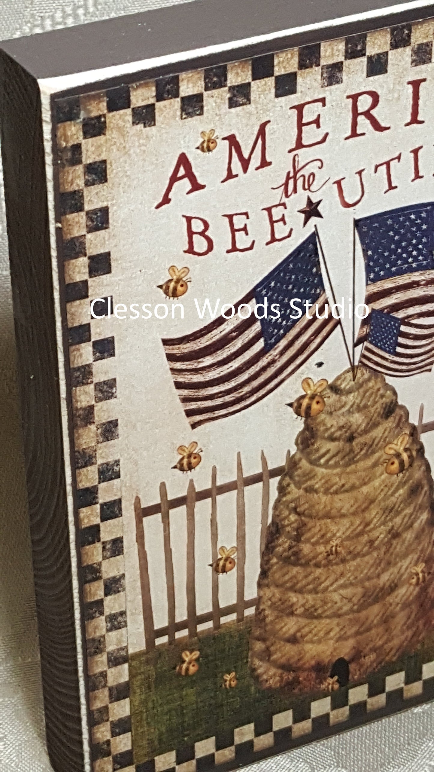 America Beehive and Flags Small Wood Block Sign (Brown)