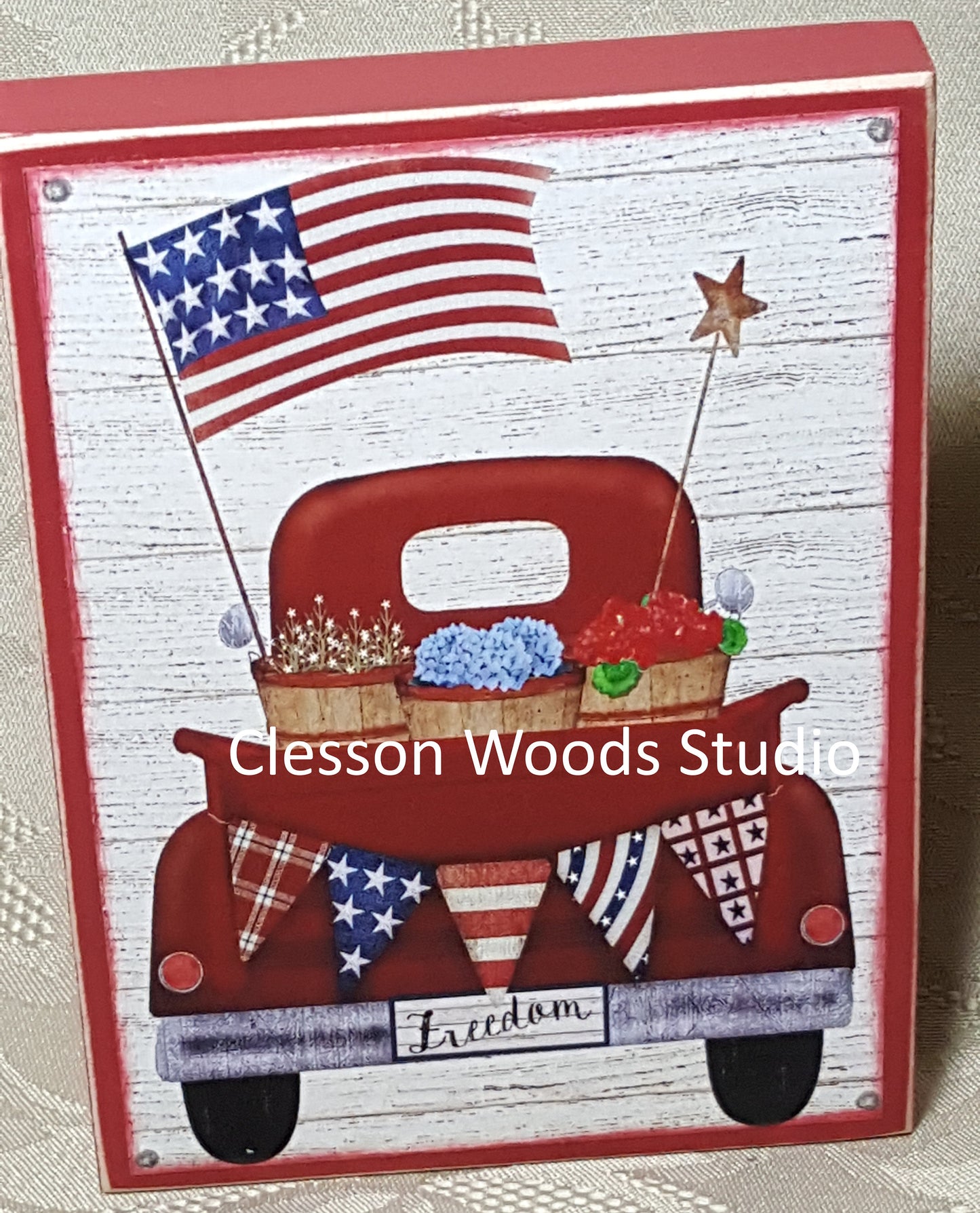 Patriotic Red Truck Small Wood Block Sign (Red)