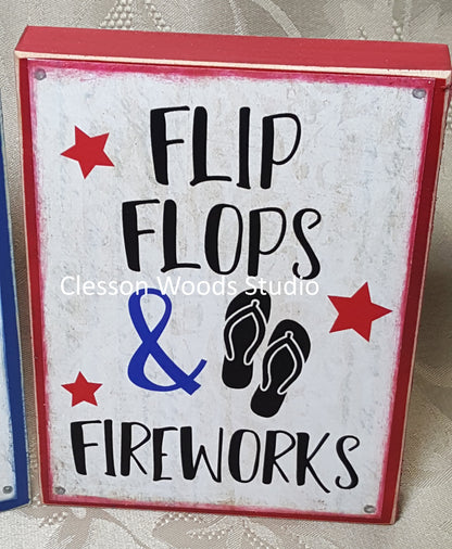 Flip Flops and Fireworks Patriotic small wood block sign