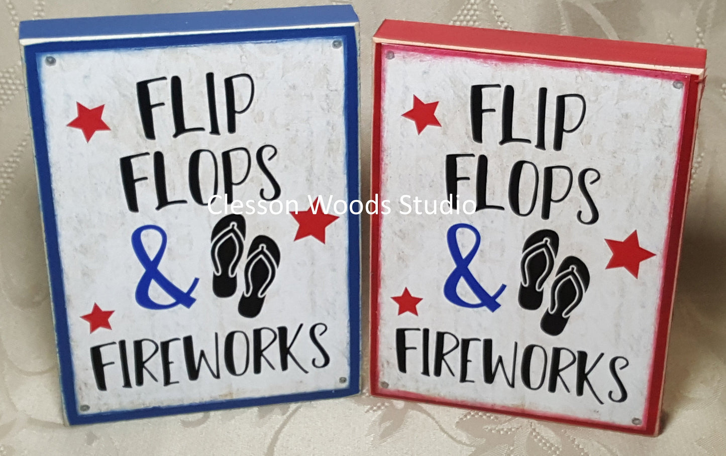 Flip Flops and Fireworks Patriotic small wood block sign