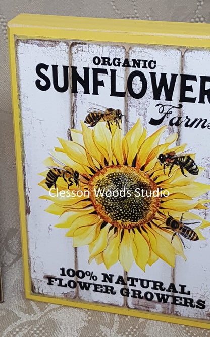 Organic Sunflower Farms Small Wood Block Sign