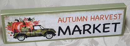 Green Vintage Truck Autumn Harvest Market Horizontal Wood Sign