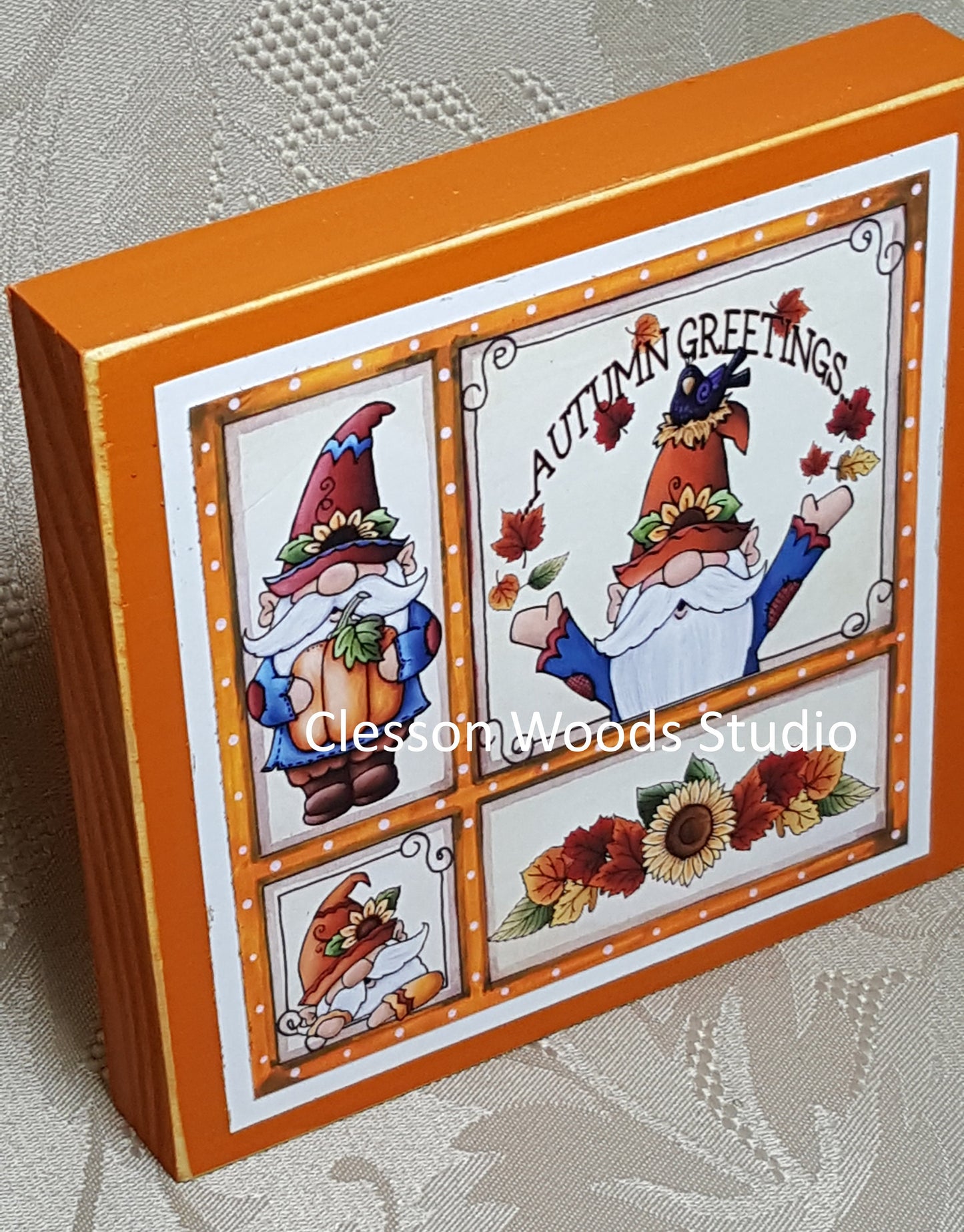 Fall Gnome Friends Small Square Wood Block Sign (Orange)