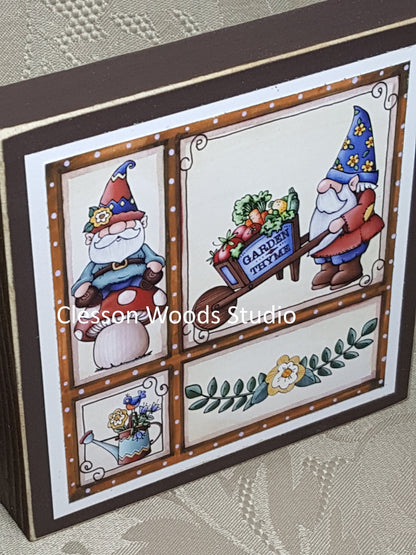 Garden Gnome Friends Small Square Wood Block Sign (Wheelbarrow)