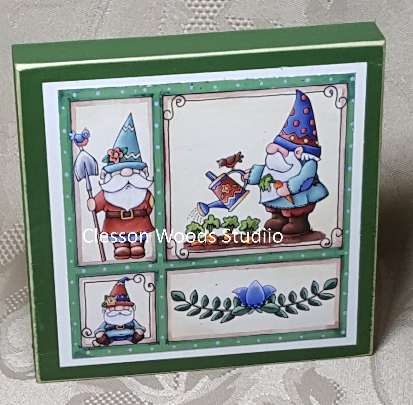 Garden Gnome Friends Small Square Wood Block Sign (Green)