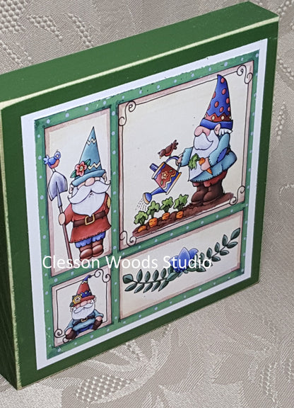 Garden Gnome Friends Small Square Wood Block Sign (Green)