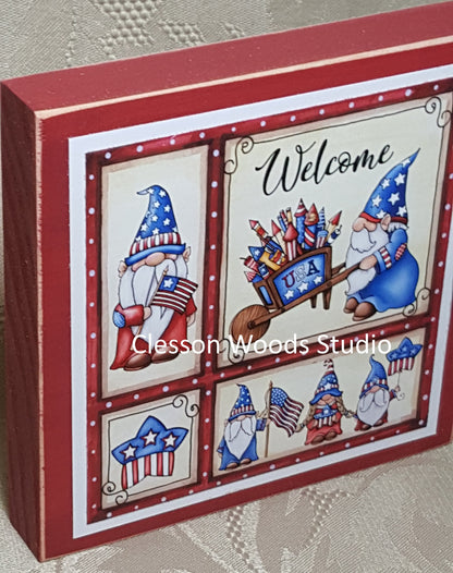 Patriotic Gnome Friends Small Square Wood Block Sign (Red)