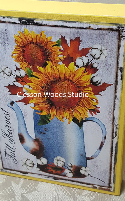 Fall Harvest Metal Pitcher With Sunflowers Small Wood Block Sign