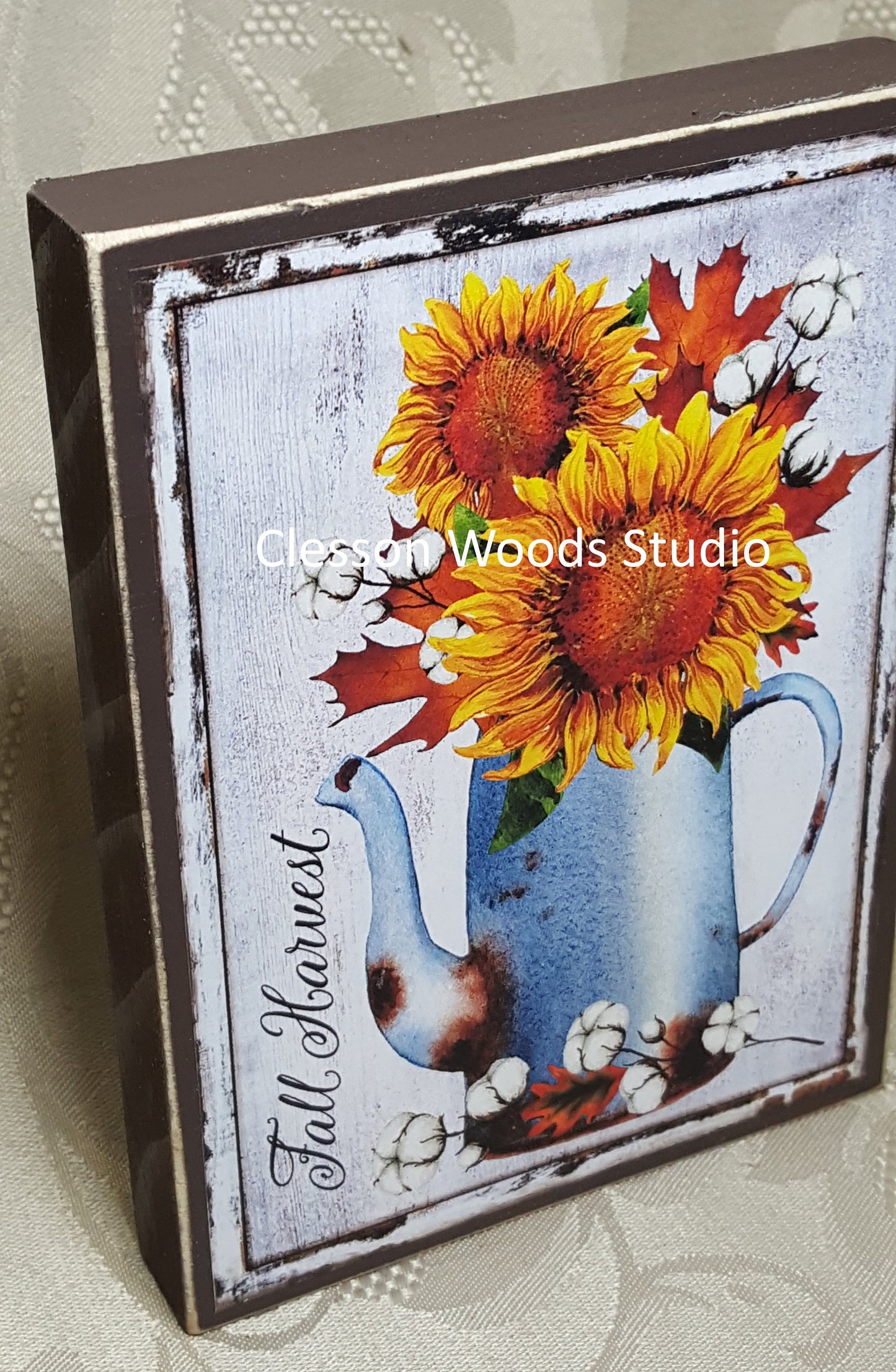 Fall Harvest Metal Pitcher With Sunflowers Small Wood Block Sign