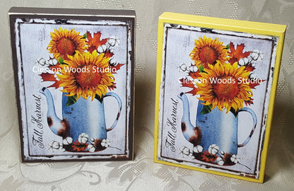 Fall Harvest Metal Pitcher With Sunflowers Small Wood Block Sign