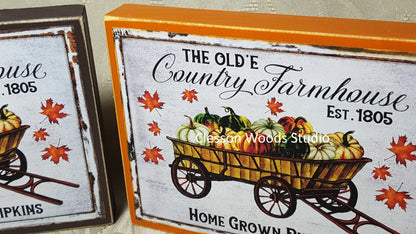 Country Farmhouse Fall Wagon Small Wood Block Sign