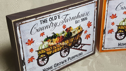 Country Farmhouse Fall Wagon Small Wood Block Sign