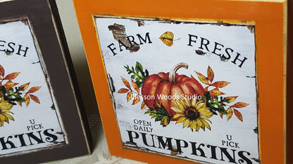 Farm Fresh Pumpkins (Square) Small Wood Block Sign