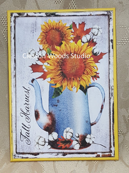 Fall Harvest Metal Pitcher of Sunflowers (Yellow) 5"x7" Canvas