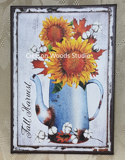 Fall Harvest Metal Pitcher of Sunflowers (Brown) 5"x7" Canvas