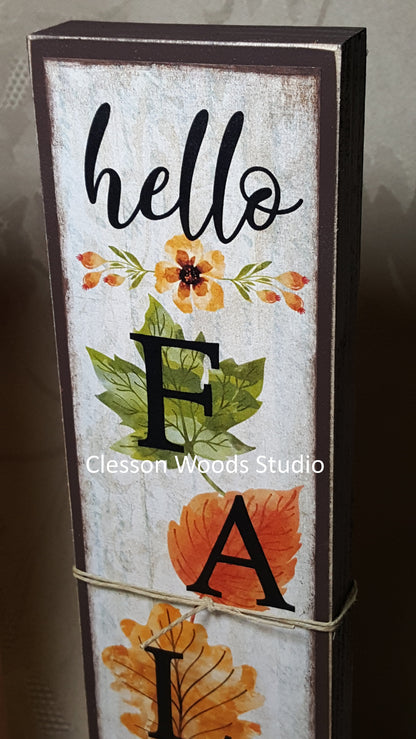 Hello Fall Leaves Vertical Wood Sign