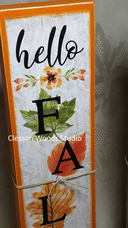 Hello Fall Leaves Vertical Wood Sign