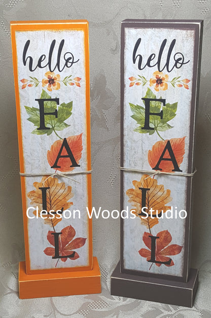 Hello Fall Leaves Vertical Wood Sign