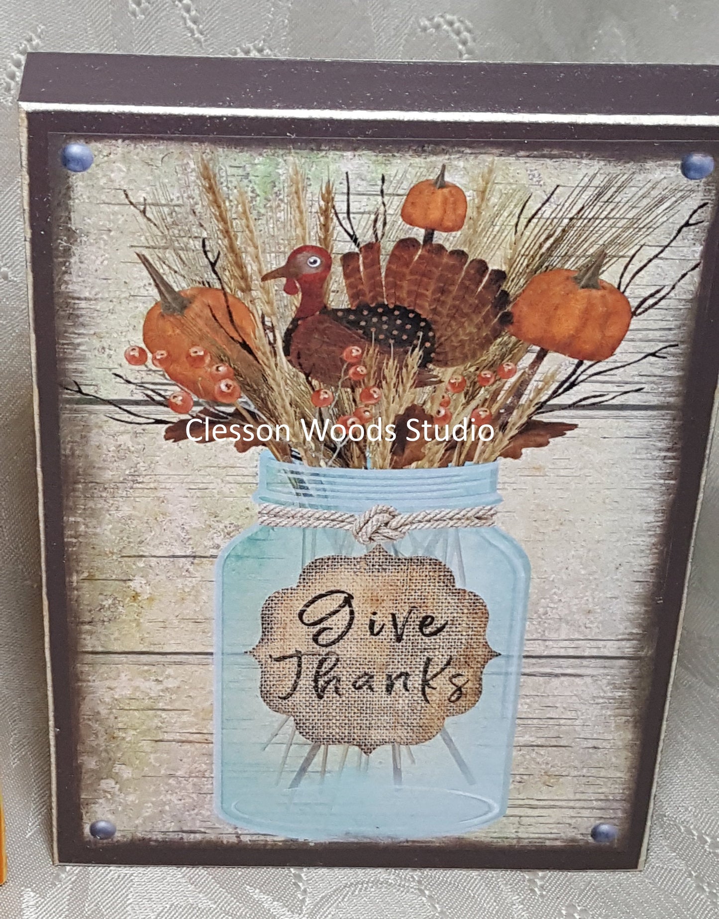 Give Thanks Thanksgiving Mason Jar Small Wood Block Sign