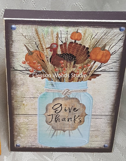 Give Thanks Thanksgiving Mason Jar Small Wood Block Sign