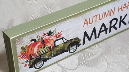 Green Vintage Truck Autumn Harvest Market Horizontal Wood Sign