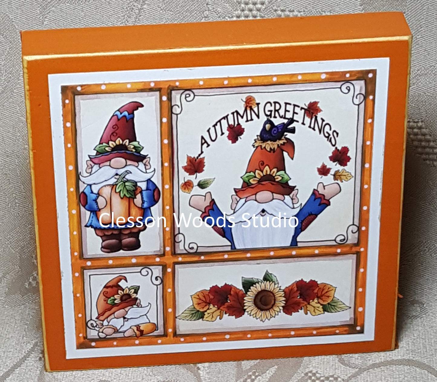 Fall Gnome Friends Small Square Wood Block Sign (Orange)