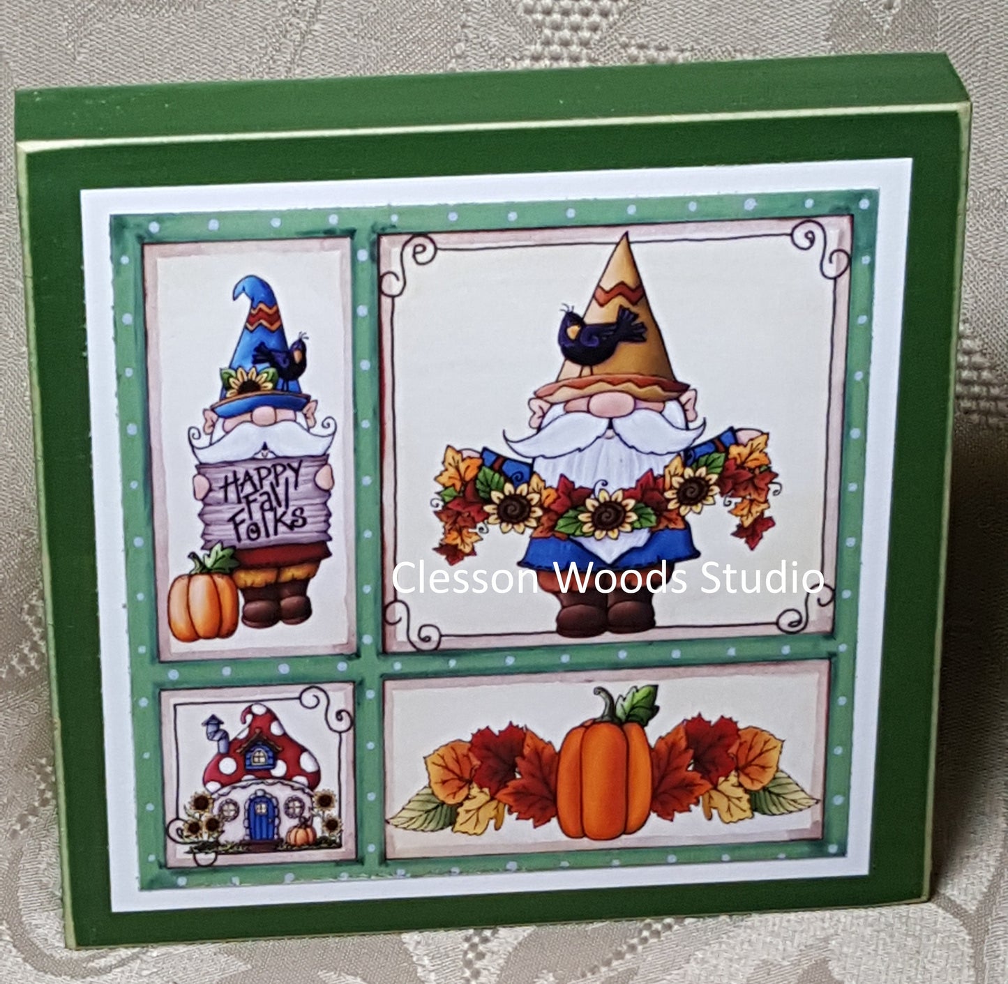 Fall Gnome Friends Small Square Wood Block Sign (Green)
