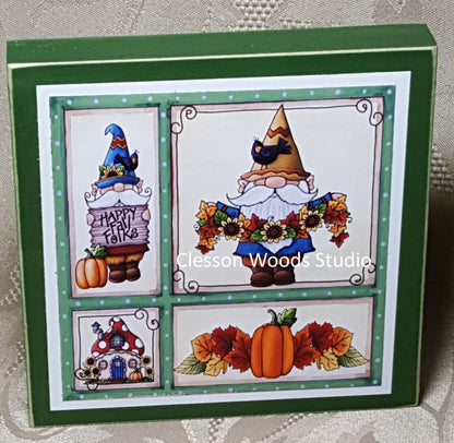Fall Gnome Friends Small Square Wood Block Sign (Green)