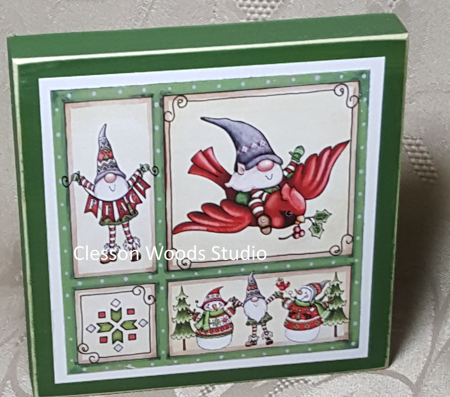 Winter Gnome Friends Small Square Wood Block Sign (Green)
